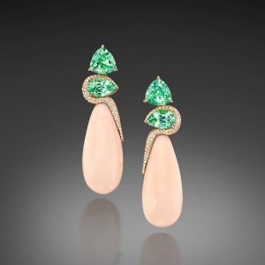 Angel Skin Coral Earrings with Green Garnets and Diamonds