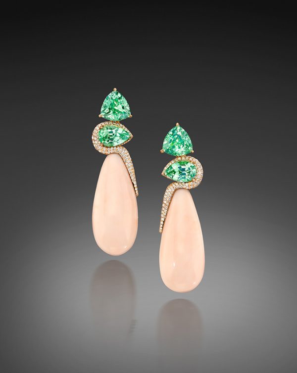 Angel Skin Coral Earrings with Green Garnets and Diamonds