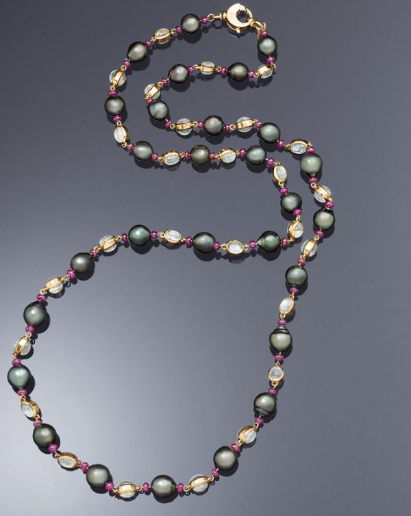 Moonstone, Ruby, and Tahitian Pearl Necklace