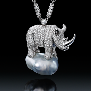 Assael pave diamond african rhino with south sea baroque pearl