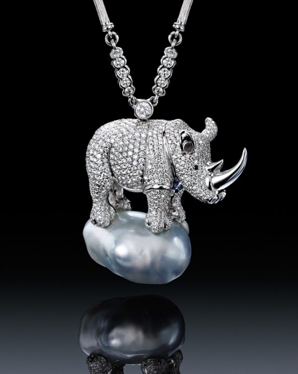 Julie Parker Pave Diamond African Rhino With South Sea Baroque Pearl