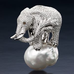 Julie Parker Pave Diamond Elephant Splashing Water With South Sea Baroque Pearl