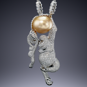 Assael pave diamond orangutan with golden south sea pearl