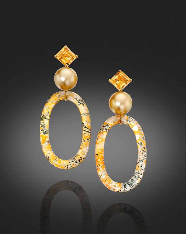 Golden South Sea Pearl, Imperial Topaz & Agate Earrings