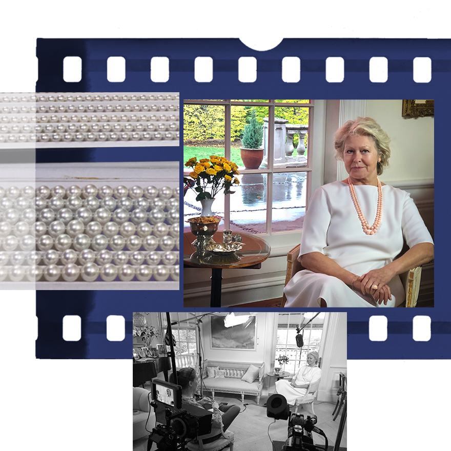 Clockwise from Upper Left – Strands of Gem South Sea Pearls in the Assael Fifth Avenue showroom, Christina Lang Assael – President & CEO of Assael, Behind the Scenes of documentary-style interview
