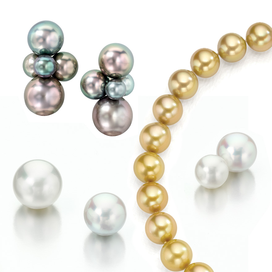 Clockwise from Upper Left – Tahitian Bubble Earrings from Sean Gilson for Assael, Assael Golden South Sea Gem Pearl Strand, various loose Fine South Sea Pearls