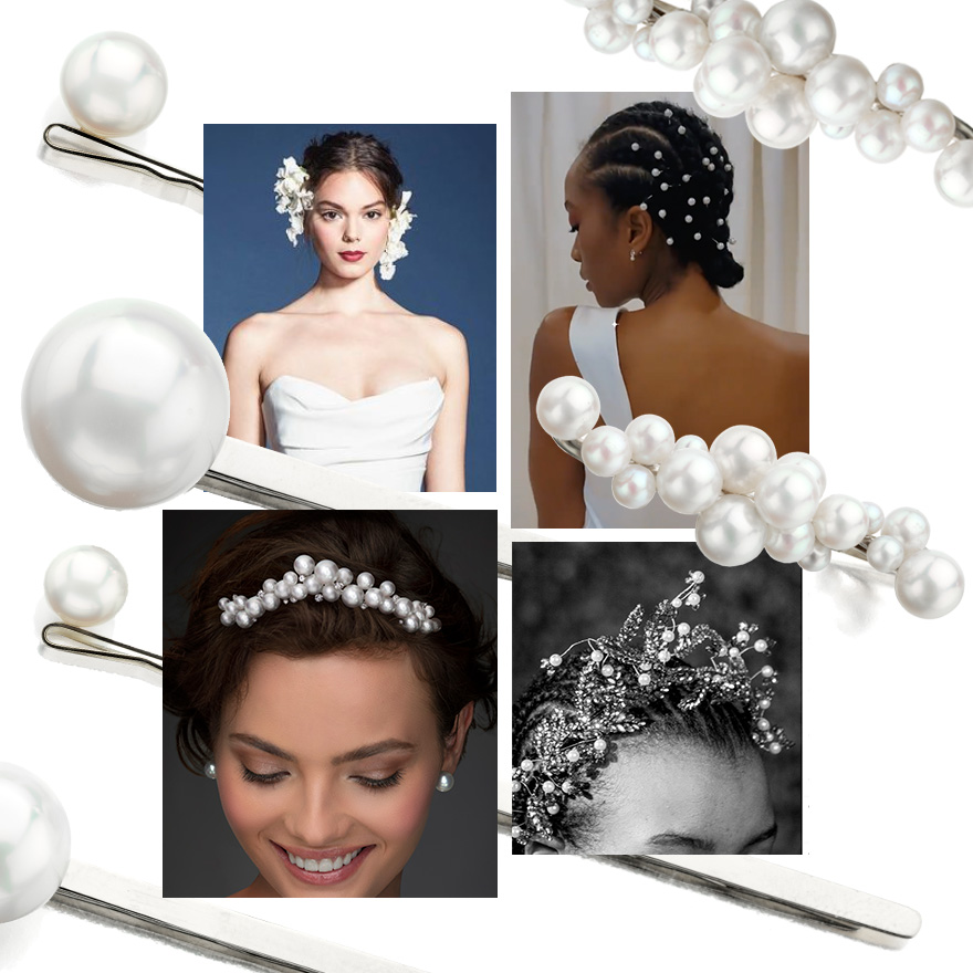 Clockwise from Upper Left – Assael Single Pearl Hair Pins in Small, Medium, and Large, @MarchesaBridal Fall 2022, @Scorcesa Fall 2022, Assael Bubble Pearl Hair Pins, @VeraWangBridge Fall 2022, South Sea Pearl and Diamond Bubble Tiara by Sean Gilson for Assael