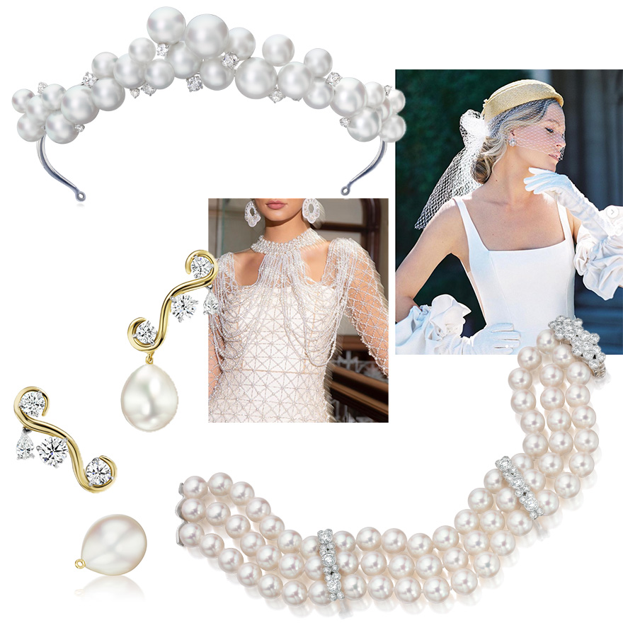 Clockwise from Upper Left – South Sea Pearl and Diamond Bubble Tiara by Sean Gilson for Assael, @AnneBarge Fall 2022, Assael Three Row Akoya Pearl Bracelet with Diamonds, @PatBO Fall 2022, Assael Diamond and Detachable South Sea Pearl Drop Earrings 