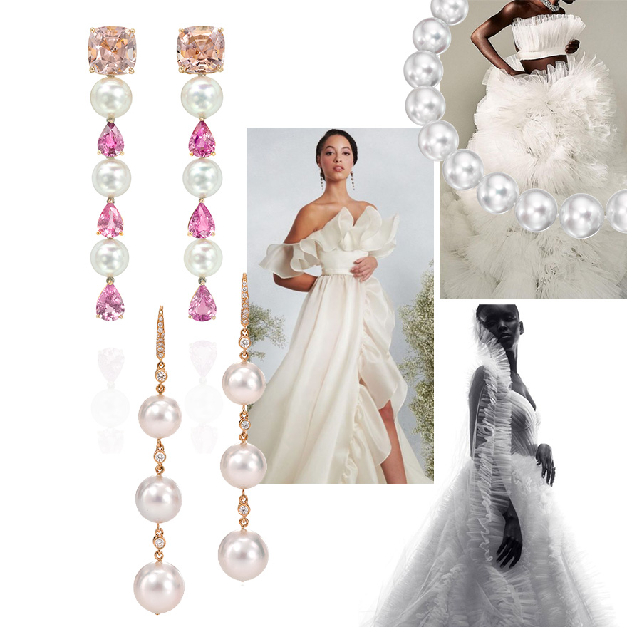 Clockwise from Upper Left – Assael Akoya Pearl, Morganite and Pink Sapphire Drop Earrings, @OdylyneTheCeremony, Assael Classic South Sea Pearl Strand, @KaviarGauche_official, @Amsale, Assael Triple Drop South Sea Pearl Earrings