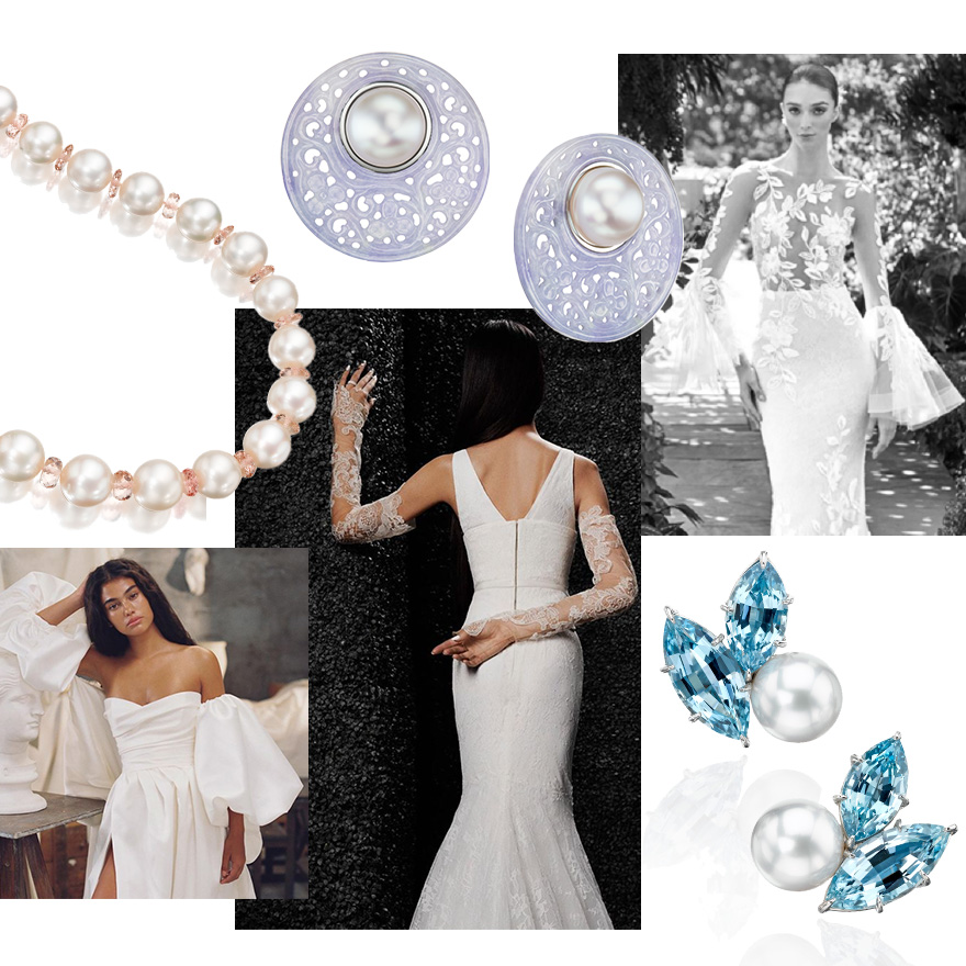 Clockwise from Upper Left – Assael Contemporary South Sea Baroque Pearl and Morganite Rope Necklace, Assael South Sea Pearl Stud Earrings with removable handcarved Lavender Jadeite jackets, @InesDiSanto bridal Fall 2022, Assael South Sea Pearl and Marquis Aquamarine clip back earrings (post optional), @VeraWangBride Fall 2022, @DanaHarelDesign Fall 2022