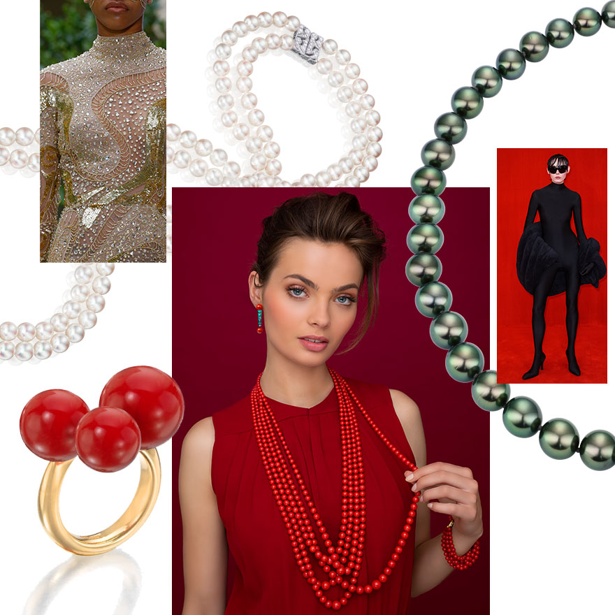 Feature Image at Top, Clockwise from upper left – Zuhair Murad Paris F/W 2021, Assael Two Row Akoya Pearl Necklace with White Gold Clasp, Assael Natural Color Green Tahitian Cultured Pearl Necklace, Balenciaga S/S 2022, Model wearing Assael responsibly sourced Sardinian Coral, Bubble Sardinian Coral Ring by Sean Gilson for Assael