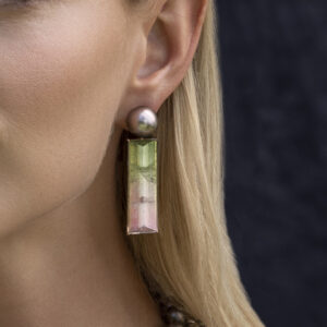 Model wearing Tahitian Pearl and Bi Color Tourmaline Drop earring