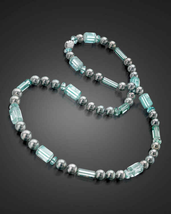 Tahitian Pearl and Aquamarine Barrel Necklace