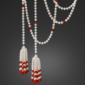 Akoya Pearl and Sardinian Coral Tassel Lariat Necklace