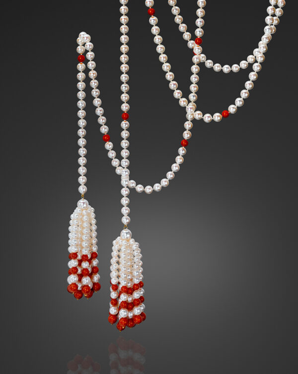 Akoya Pearl and Sardinian Coral Tassel Lariat Necklace