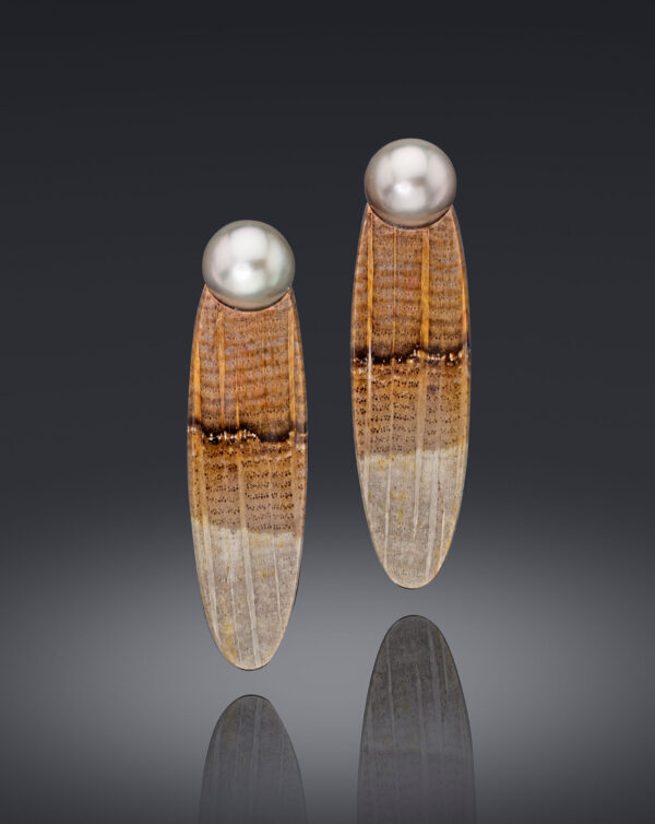 Fijian Pearl and Petrified Golden Oak Earrings