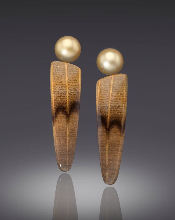 Golden South Sea Pearl and Petrified Golden Oak Earrings