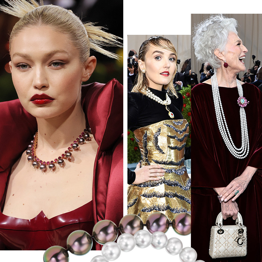 Pearls worn at the 2022 Met Gala featuring Gigi Hadid