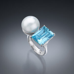 South Sea Pearl and Emerald cut aquamarine ring