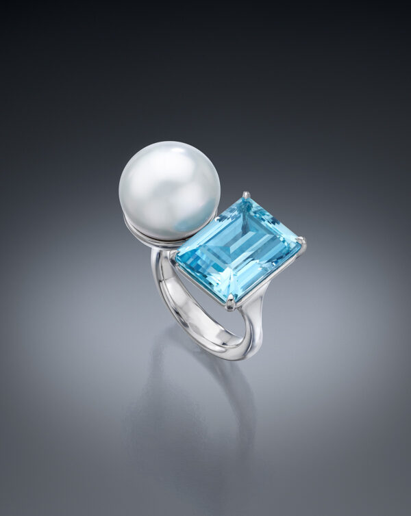 South Sea Pearl and Emerald cut aquamarine ring