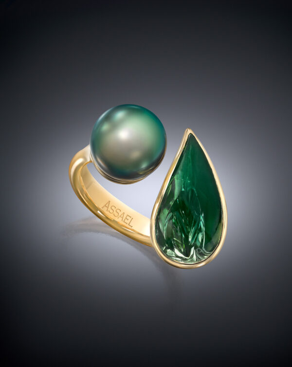 Assael Green Tahitian Pearl and Green Sunstone Ring