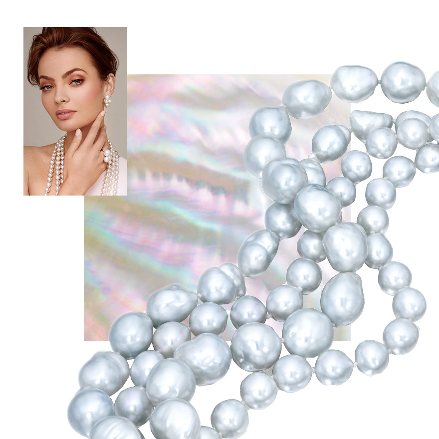 model wearing Assael South Sea pearl strands with Bubbles by Sean Gilson for Assael, mother of pearl lining an oyster shell, 4 baroque South Sea pearl necklaces