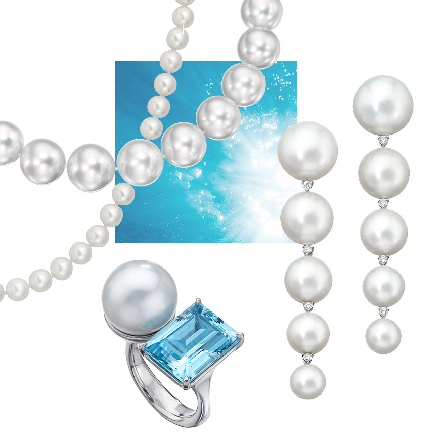 Assael graduated Akoya pearl and diamond drop earrings, Assael South Sea pearl and Aquamarine ring from The Colors collection, Assael Akoya Signature pearl strand, Assael classic South Sea round pearl necklace 