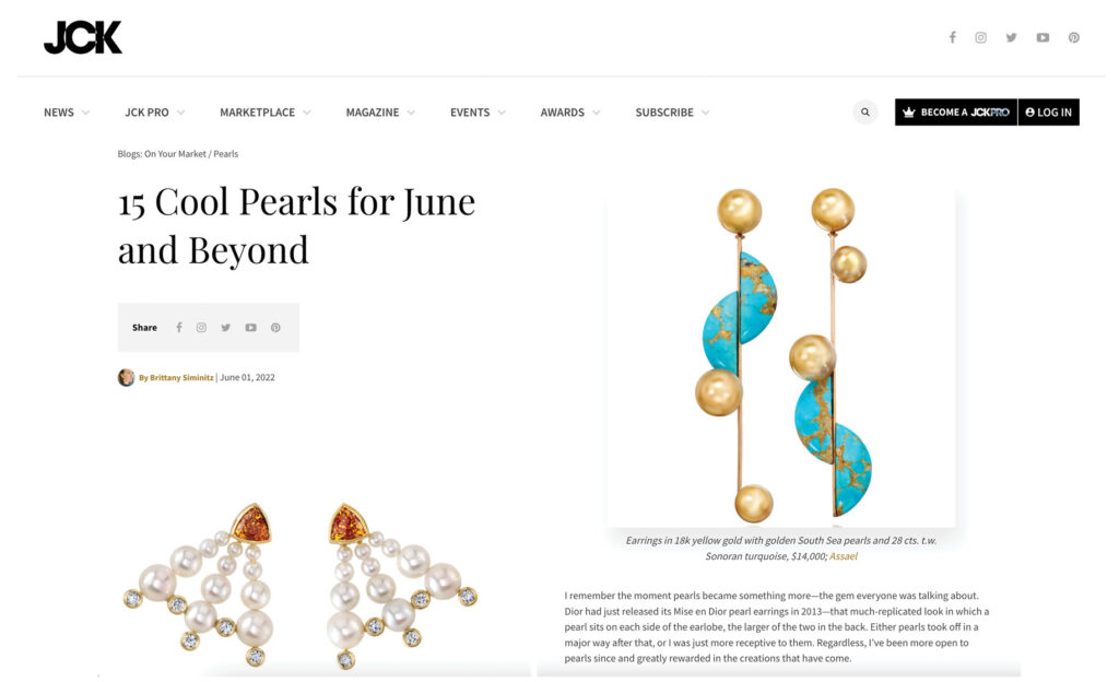 Assael's earrings in 18k yellow gold with golden South Sea pearls are featured in JCK magazine.