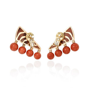 Rich Sardinian Coral and bright Copper Garnets bring out the multicolor hues of striped Orange Chalcedony.