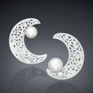 Almost-White Jadeite, South Sea Pearls, and Rose-Cut Diamonds large Crescent Moon Earrings.