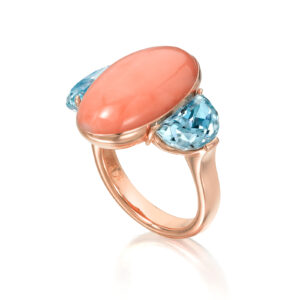assael oval angel skin coral and aquamarine ring on white background