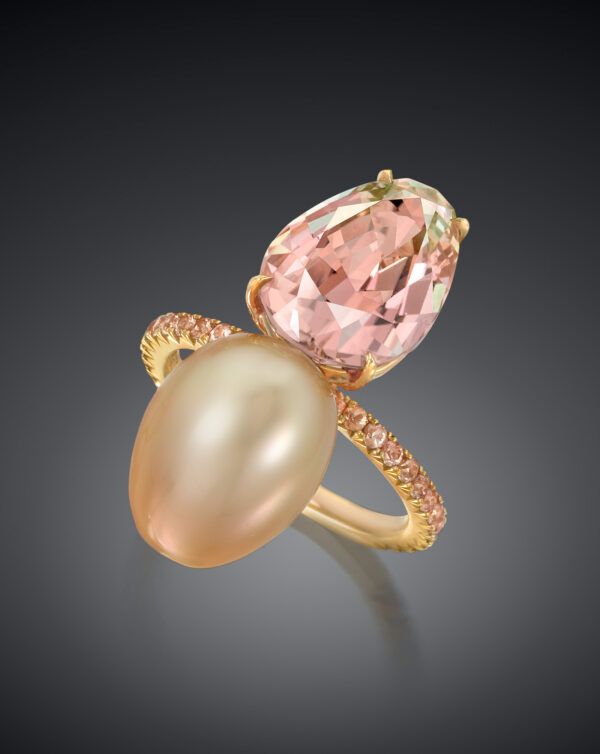 Golden South Sea Natural Color Cultured Pearl and a Vintage-Cut Pear-Shape Bi-Color Tourmaline