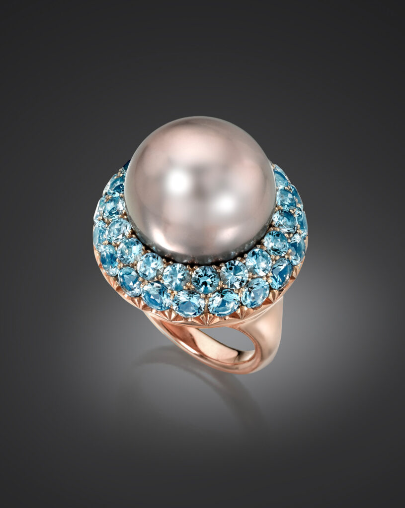 Tahitian Natural Color Cultured Pearl and Aquamarine Ring