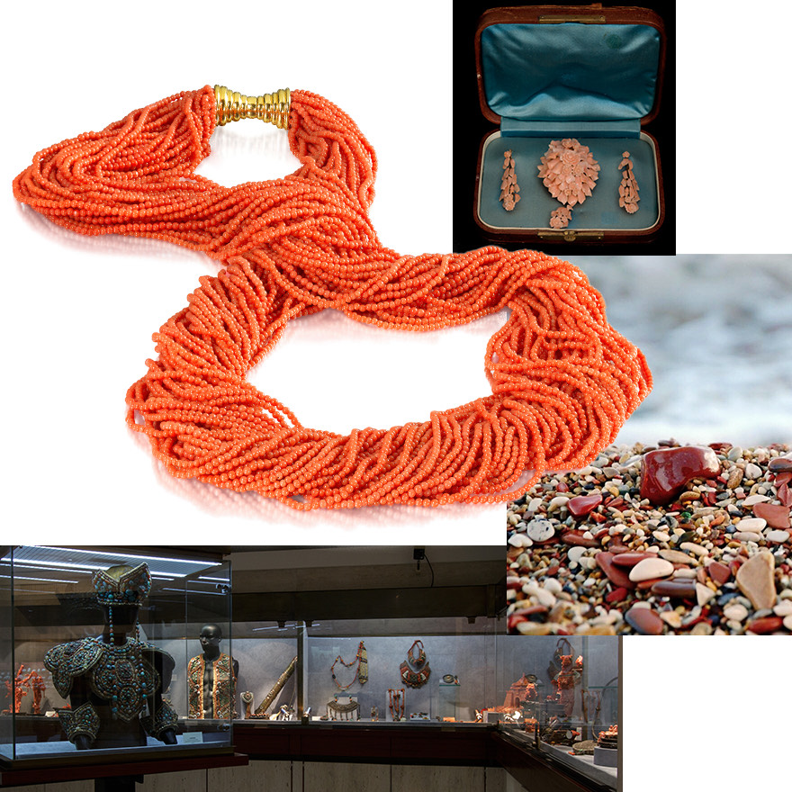 Assael Multistrand Sciacca Coral Necklace, Vintage Coral from Liverino Museum, pebbles on beach Liverino Museum interior