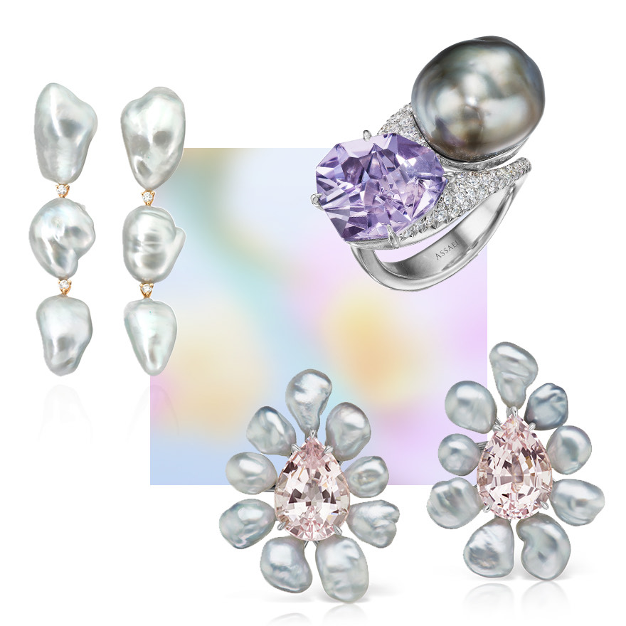 Assael Keshi Pearl Earrings with Diamonds, Tahitian Keshi Pearl, Amethyst, and Diamond Ring, Morganite Keshi Flower Earrings