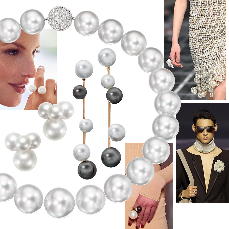 Clockwise from upper right – Givenchy F/W ’22-23, Fendi F/W ’22-23, Versace F/W ’22-23, Assael Large South Sea Pearl Choker Length Necklace, Small Bubble South Sea Pearl Earrings by Sean Gilson for Assael, Model wearing Extra Large 2-Bubble South Sea Pearl Ring by Sean Gilson for Assael, Assael South Sea and Tahitian Pearl Modernist Earrings