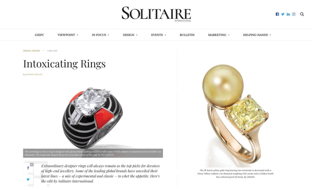 Assael's 18-karat yellow gold ring decorated with a Fancy Yellow radiant-cut diamond and Golden South Sea cultured pearl is featured in Solitaire Magazine's online article, Intoxicating Rings