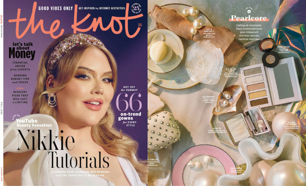 Baroque pearl drop earrings are featured in The Knot, Fall 2022 issue