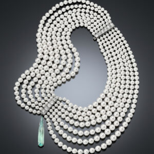 magnificent Akoya Pearl and Aquamarine Collar Necklace can be worn in multiple, flattering ways.