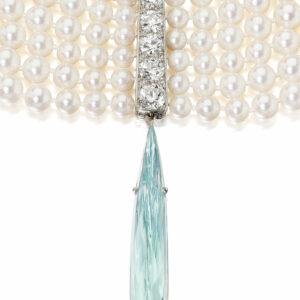 magnificent Akoya Pearl and Aquamarine Collar Necklace can be worn in multiple, flattering ways.