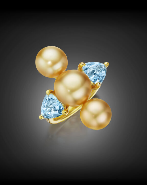 Golden Keshi Pearl and Aquamarine Ring