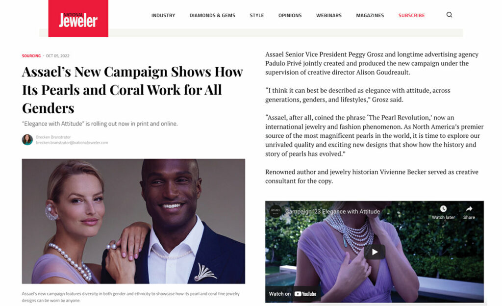 Assael’s New Campaign is featured in the online article by National Jeweler, Assael Shows How Its Pearls and Coral Work for All Genders.