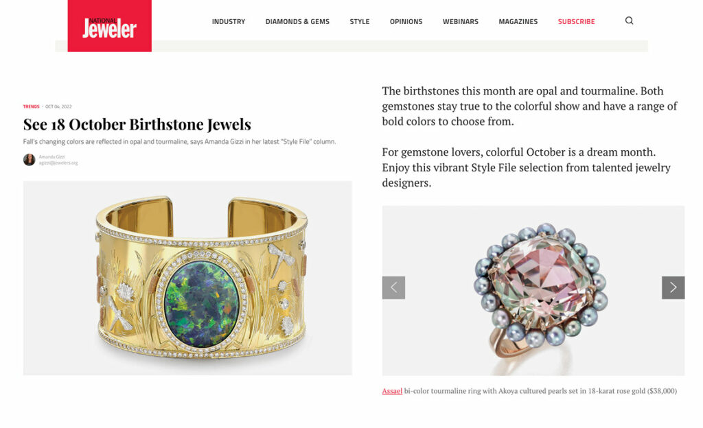 Assael’s bi-color tourmaline ring with Ahoy cultured pearls set in 18-karat rose gold is featured in the October 2022 article of National Jeweler