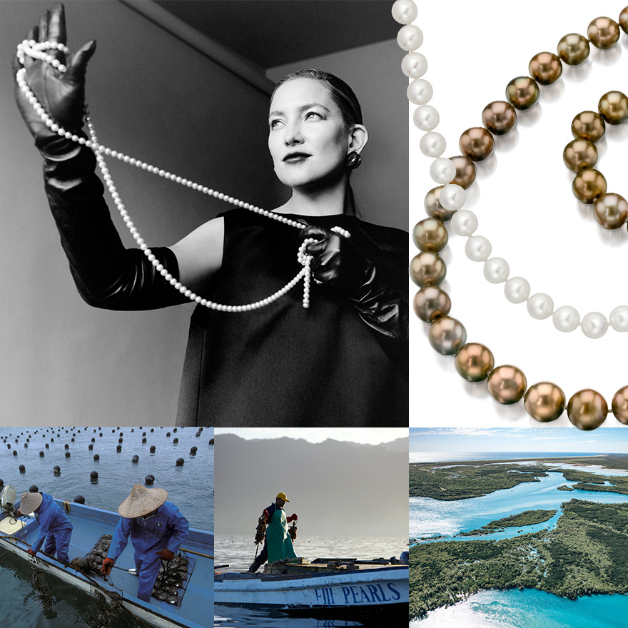 Kate Hudson with various Assael pearl strands as seen in W Magazine’s Best Performances Issue #1 2023 © W Mag - photographed by Jamie Hawkesworth, styled by Sara Moonves, Assael Akoya Pearl strand, Assael Fiji Pearl necklace, various images of pearl farming in Japan and Fiji 