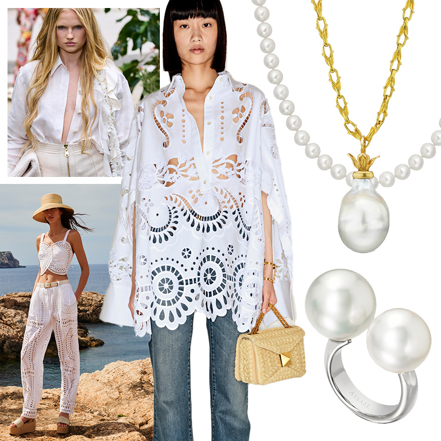  Zimmerman Spring/Summer 2023 (Go Runway), Valentino Resort 2023 (Go Runway), Assael Akoya Pearl Strand, Assael South Sea Baroque Pearl Pendant Necklace on an antique 22K Gold chain, Extra Large 2-Bubble South Sea Pearl Ring by Sean Gilson for Assael, Alberta Ferretti (Go Runway)