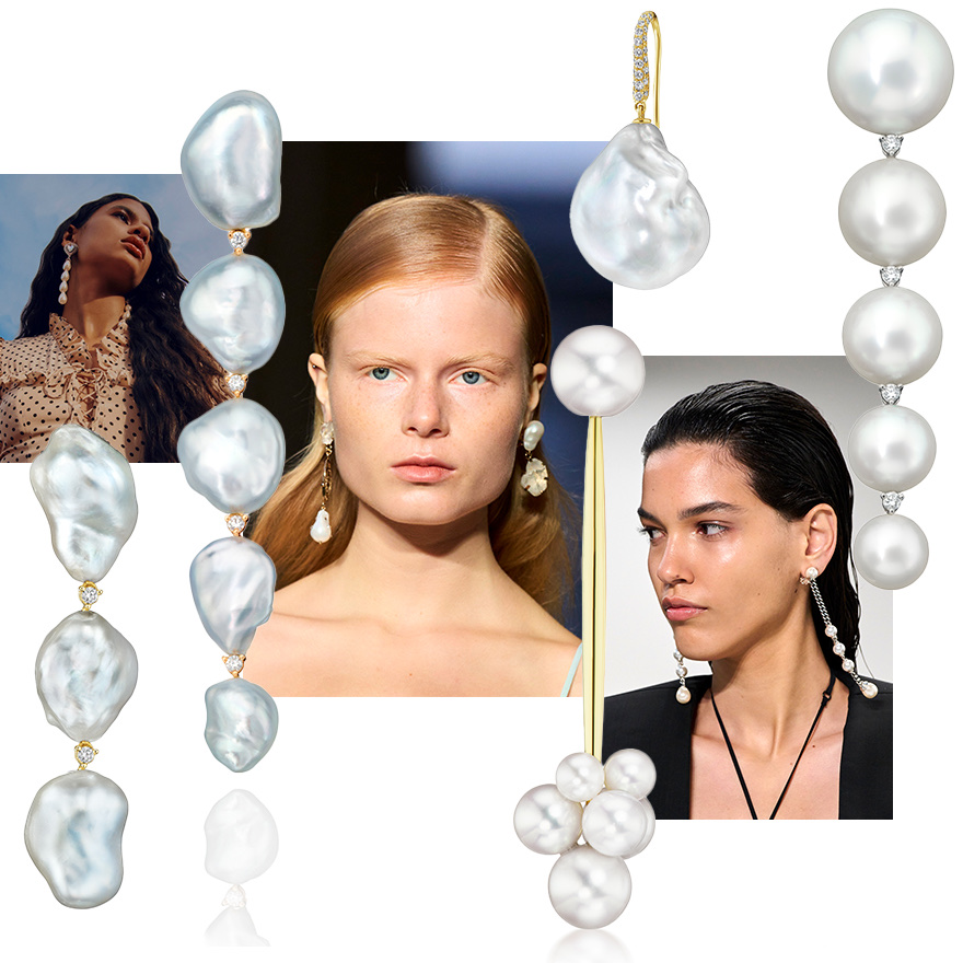 Alessandra Rich Resort 2023 (Go Runway), Assael Long Keshi Pearl Earrings with Diamonds, Erdem Spring/Summer 2023, Assael Baroque Pearl Drop Earring, Assael ‘Perfect 10’ South Sea Pearl and Diamond Drop Earrings, Nensi Dojaka Spring/Summer 2023, Assael Stick Earrings from the Bubble Collection by Sean Gilson for Assael, Assael 3 Keshi Pearl and Diamond Earrings