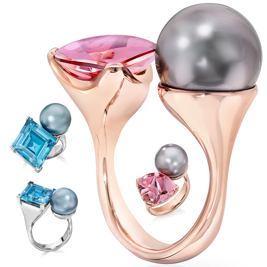 Assael “Pairings” ring with Silver Rose Tahitian Pearl and Triangular Cut Morganite in Rose Gold – note the scallop setting of the unusual gemstone cut and the contoured rose gold shank; Assael “Pairings” ring with Blue Tahitian Pearl and Vivid Aquamarine in Platinum – note the corner frame-like setting of the aquamarine, the round pedestal for the spectacular natural color Tahitian pearl, and the contoured platinum shank