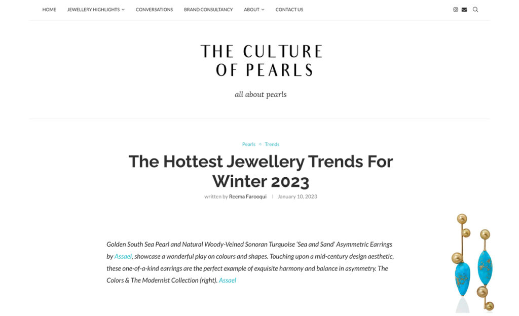 Assael's Golden South Sea Pearl and Natural Woody-Veined Sonoran Turquoise Earrings featured in The Culture of Pearls. Hottest Jewellery Trends.