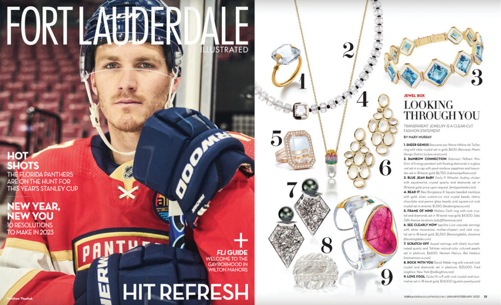 Assael earrings are featured in the February issue of Ft Lauderdale Illustrated. Looking through you, transparent jewelry is a clear-cut fashion statement.