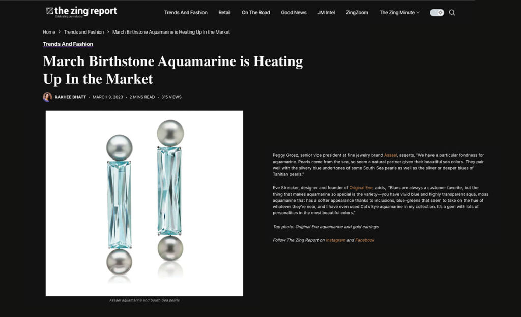 Assael aquamarine and South Sea pearls featured in the Zing Report